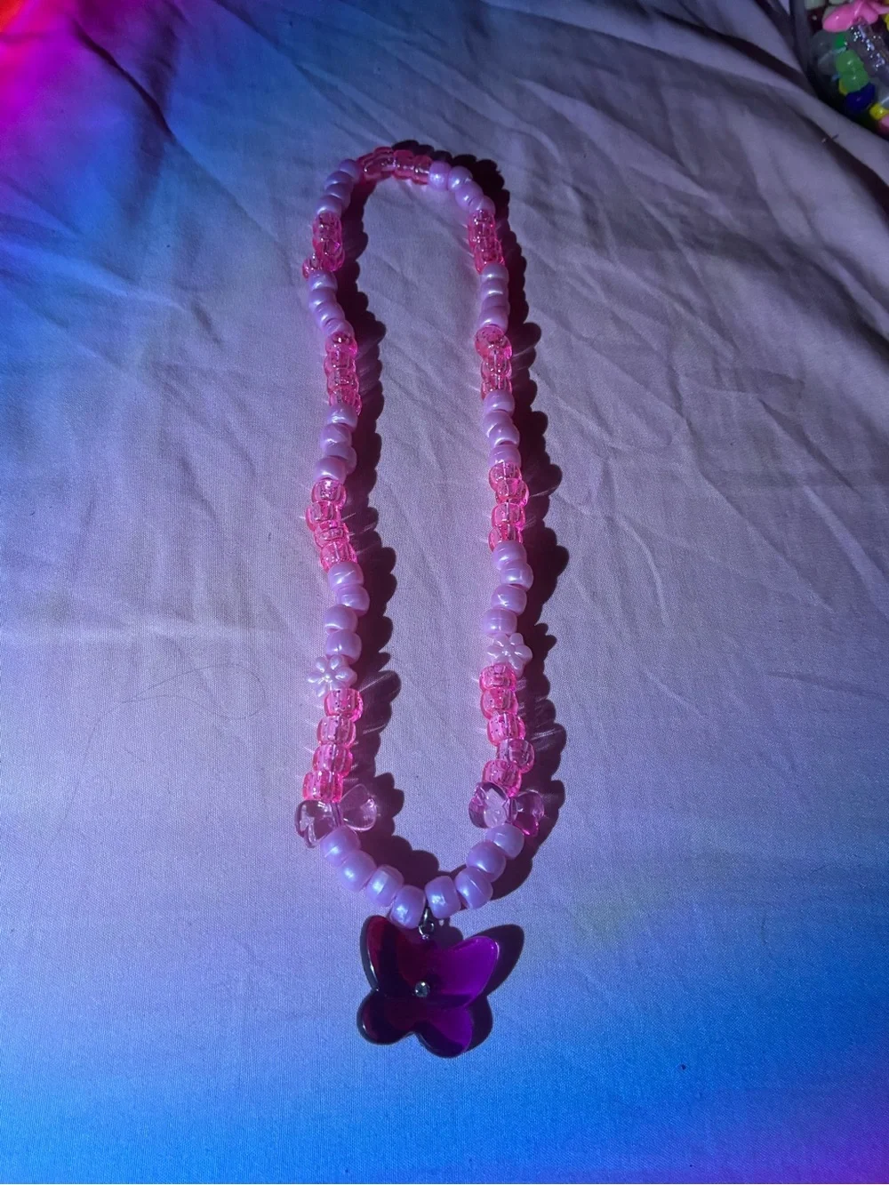 Pink Beaded Butterfly Pendant Necklace